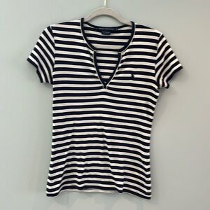Ralph Lauren Sport, women’s v neck t shirt, off white/navy stripes. Size L.